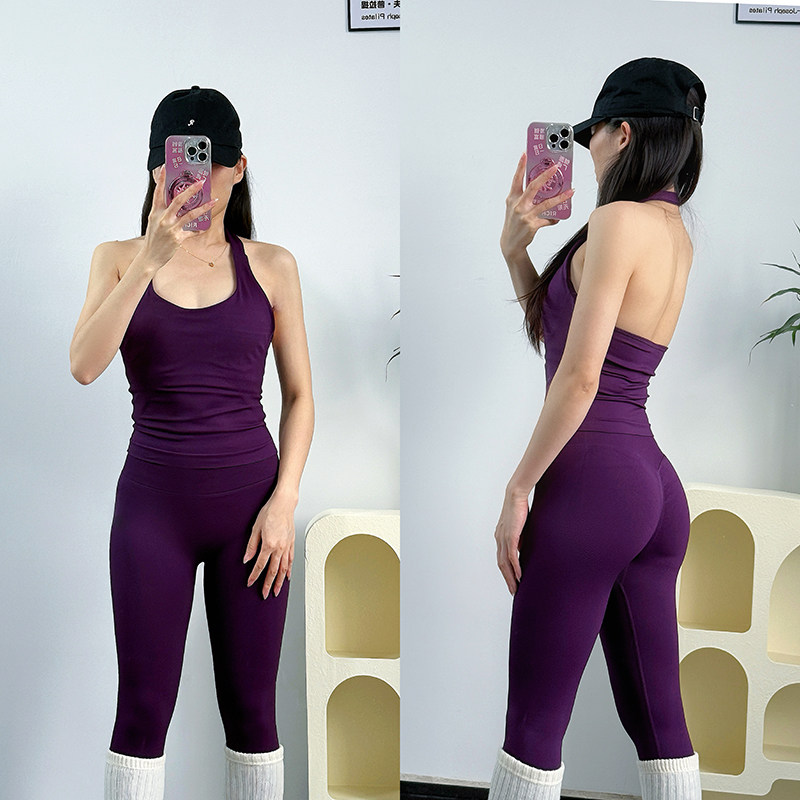 Yoga Fitness Exercises - プロ仕様のネックストラップ付きヨガフィットネスエクササイズセット、ピーチヒップリフティングパンツ付きピラティストレーニングスポーツウェア