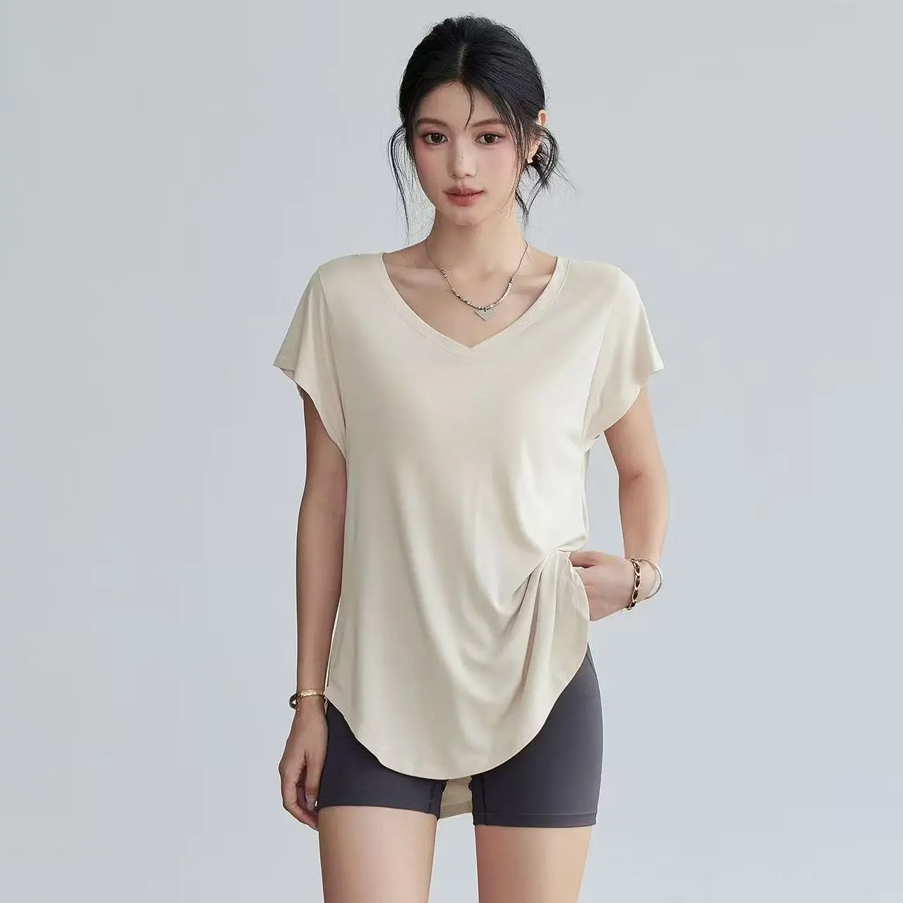 Yoga Fitness Exercises - 女性用スリムフィットラウンドネックヨガTシャツ半袖ストレッチフィットネストレーニングトップエクササイズランニングヨガヴィンテージクロップトップ