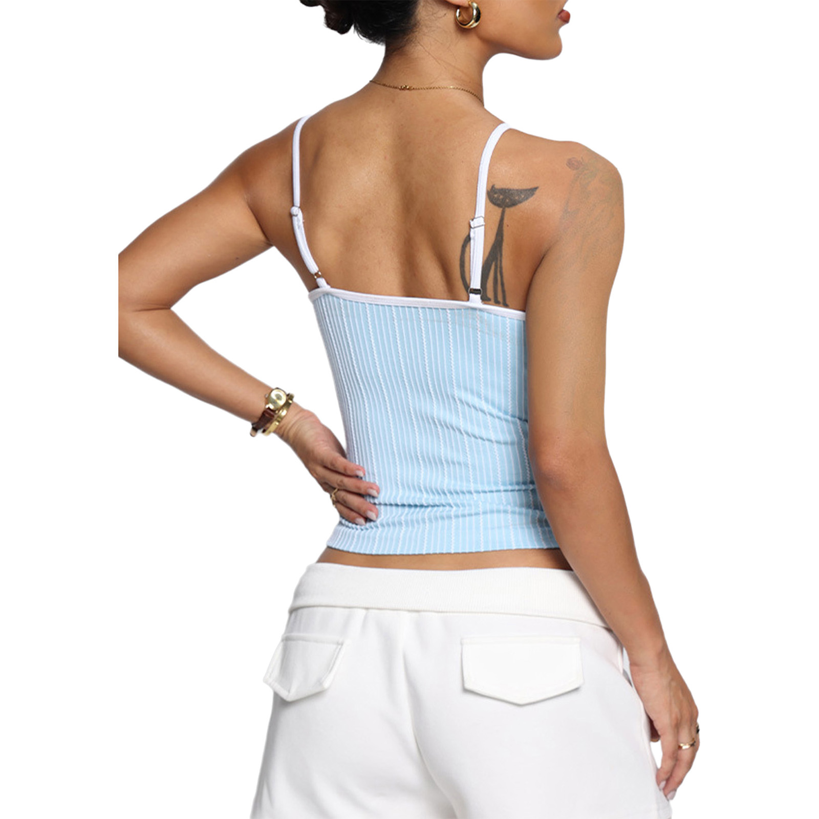 女性 U ネックストライプ調節可能なスパゲッティストラップノ - Yoga Fitness Exercises のレビューと価格