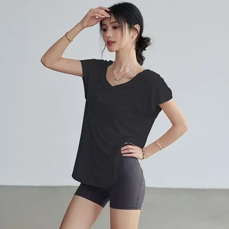 女性用スリムフィットラウンドネックヨガTシャツ半袖ストレッチ - Yoga Fitness Exercises のレビューと価格